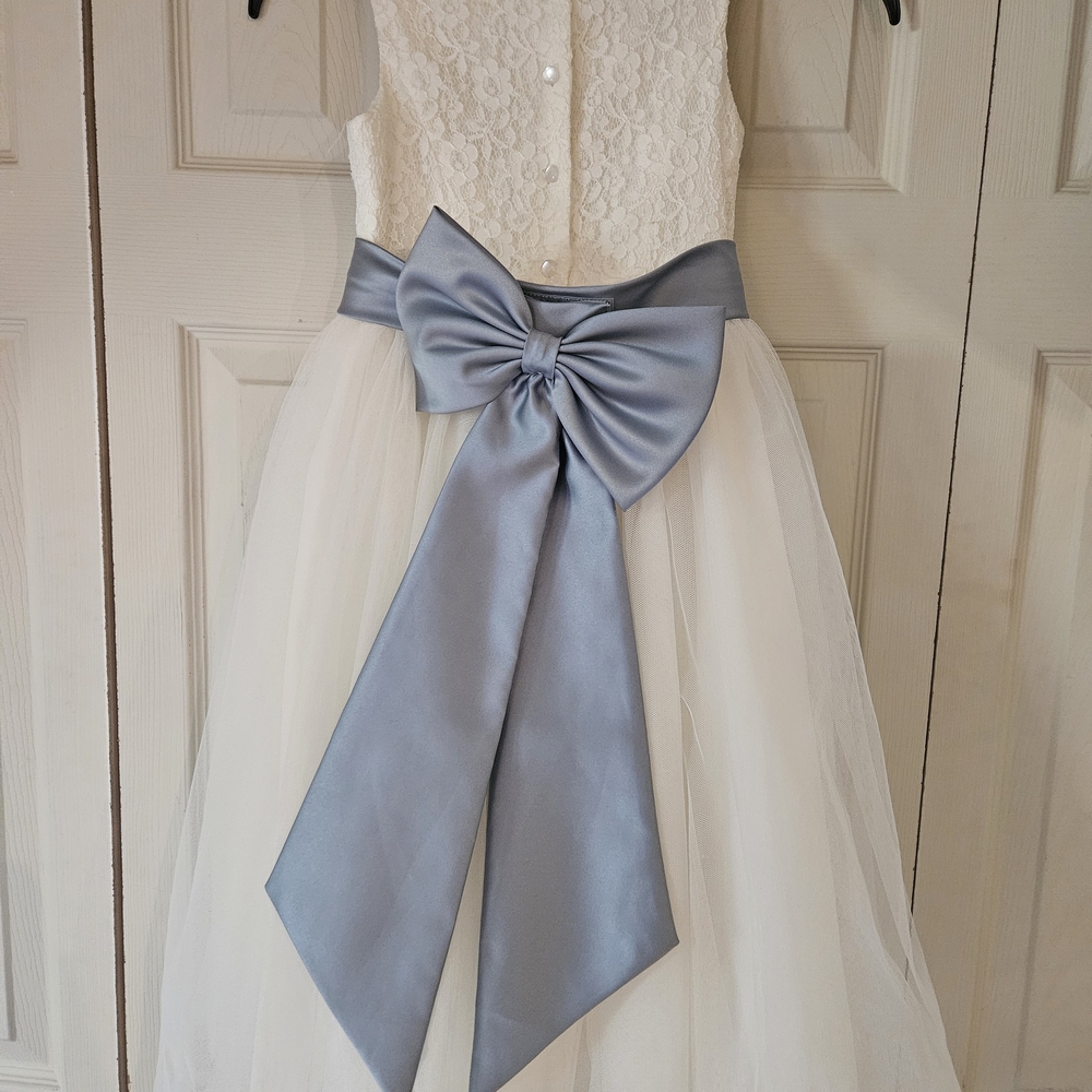 David's Bridal White Lace Dress with Blue Bow